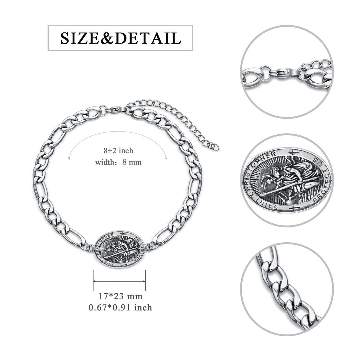 Sterling Silver Saint Christopher Pendant Bracelet with Engraved Word for Men-6