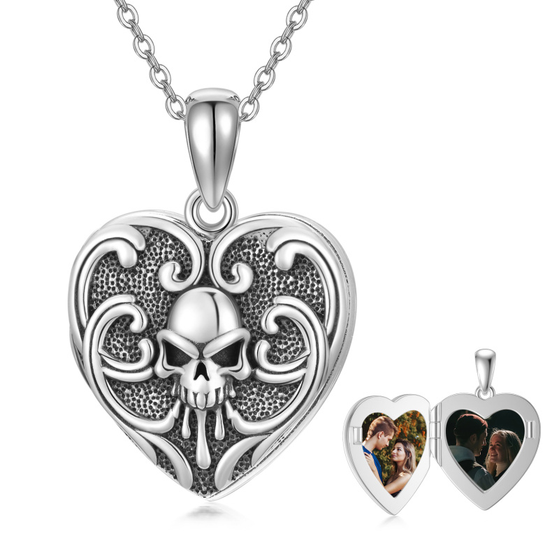 Sterling Silver Personalized Photo & Skull Personalized Photo Locket Necklace