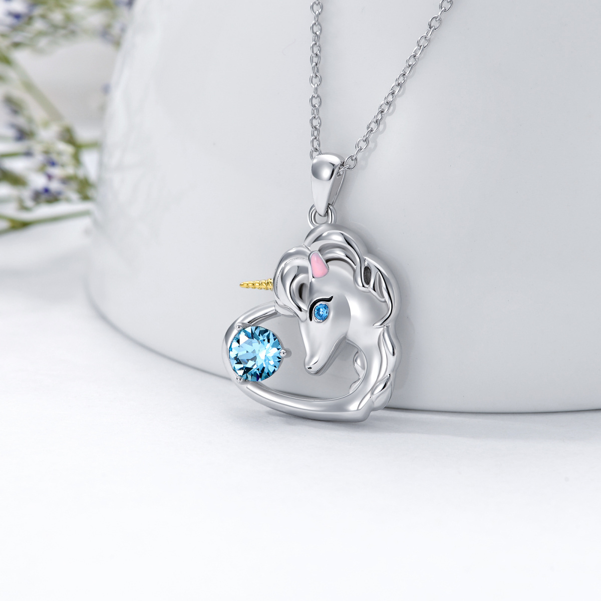 Sterling Silver Circular Shaped Cubic Zirconia Heart & Unicorn Pendant Necklace-4