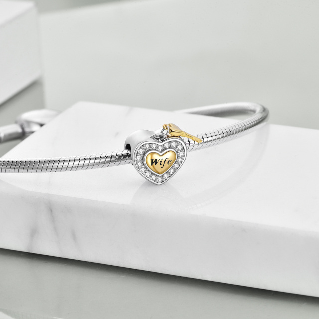 Sterling Silver Two-tone Cubic Zirconia Heart Bead Charm with Engraved Word-2