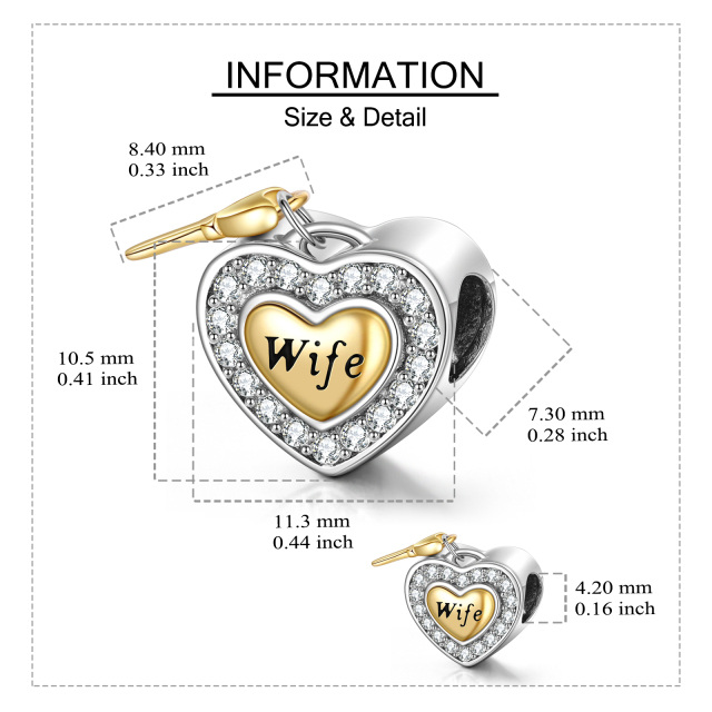 Sterling Silver Two-tone Cubic Zirconia Heart Bead Charm with Engraved Word-4