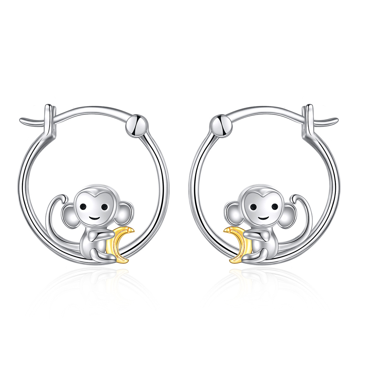 Sterling Silver Two-tone Monkey Hoop Earrings-1