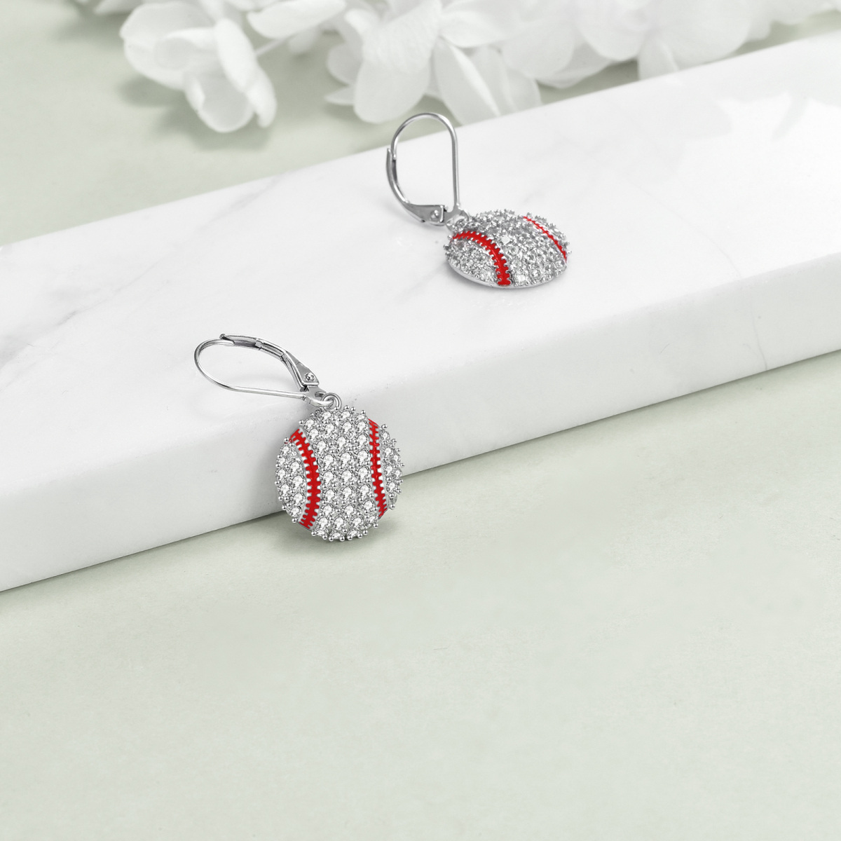 Sterling Silver Cubic Zirconia Baseball Lever-back Earrings-3