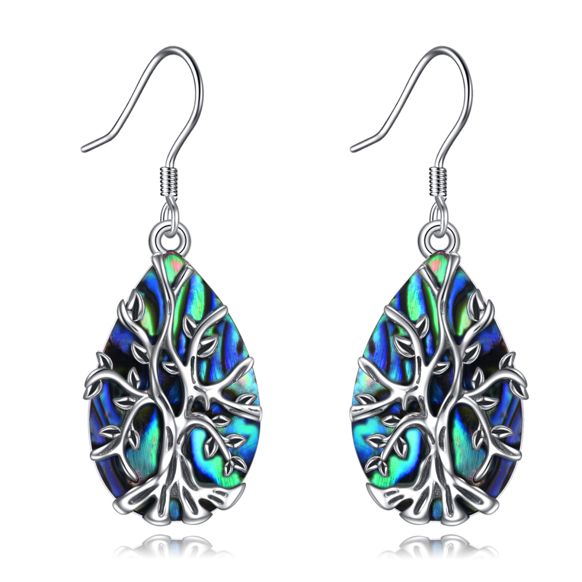 Sterling Silver Abalone Shellfish Tree Of Life & Drop Shape Drop Earrings-1