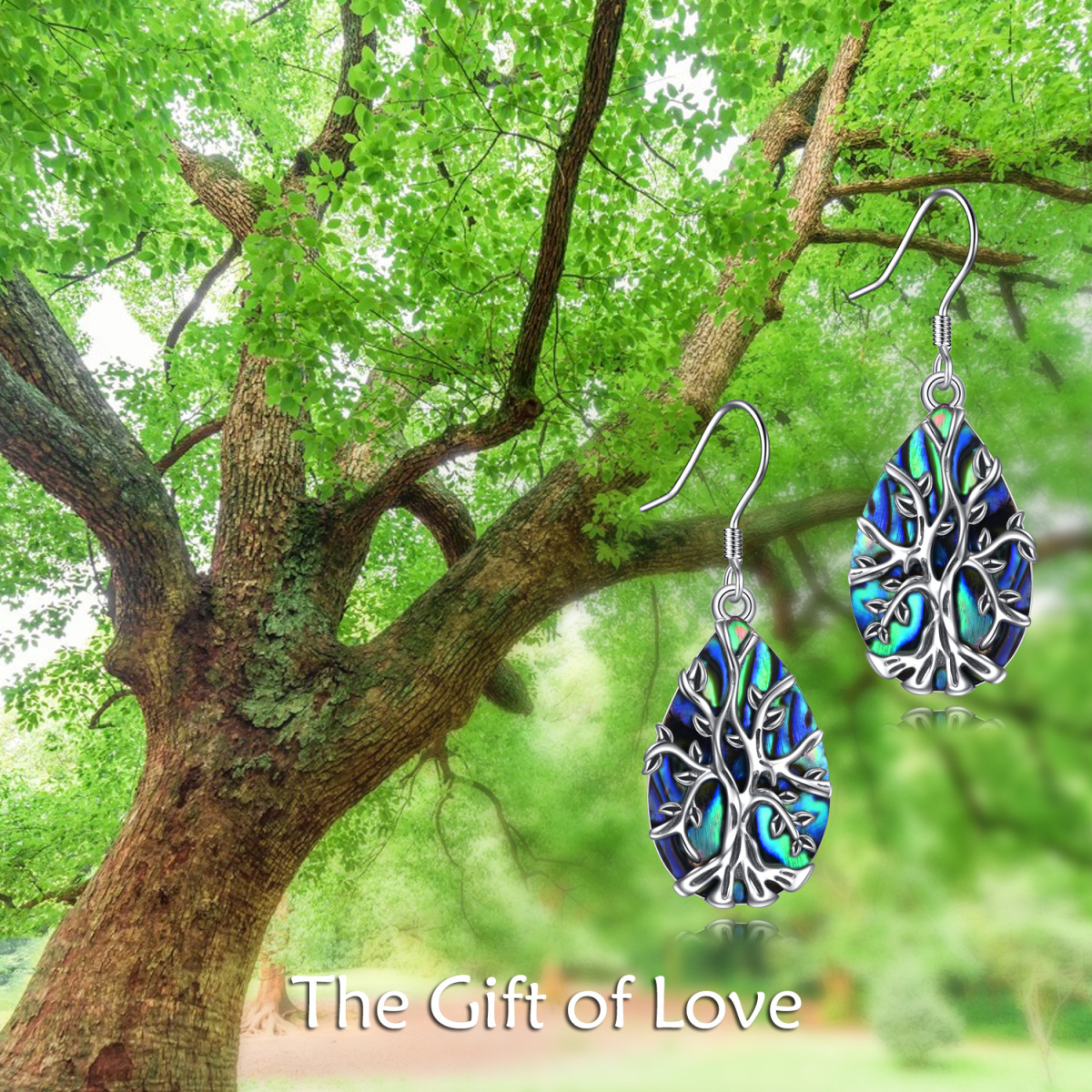 Sterling Silver Abalone Shellfish Tree Of Life & Drop Shape Drop Earrings-5