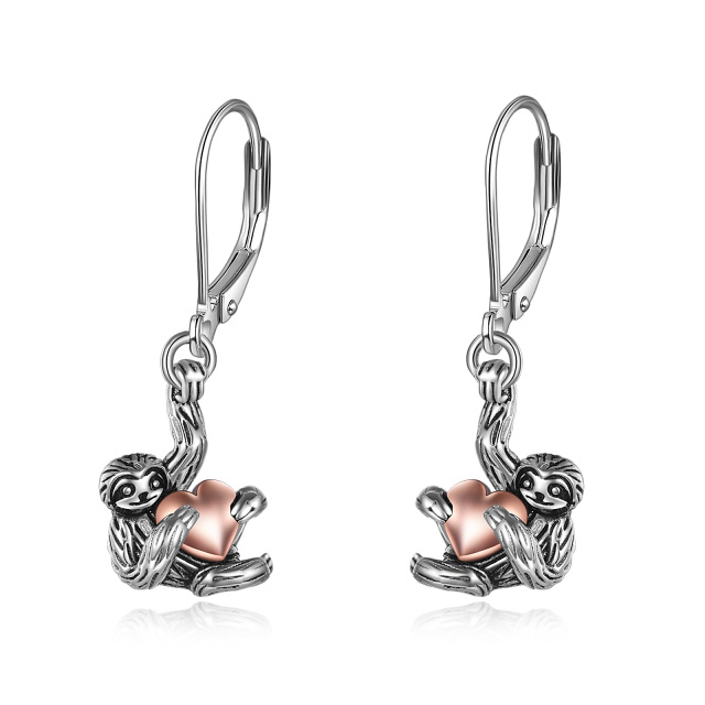 Sterling Silver Two-tone Sloth & Heart Lever-back Earrings-1