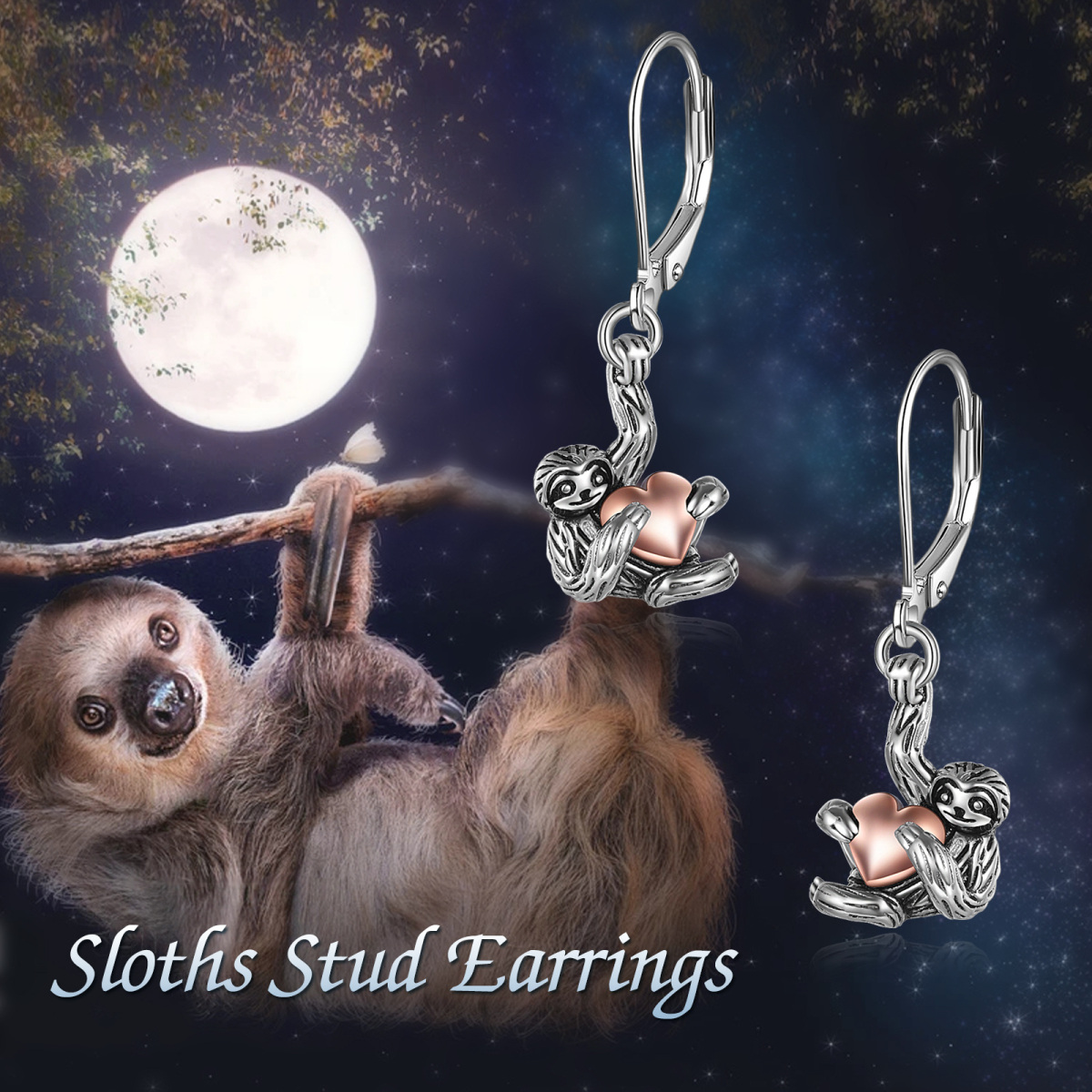 Sterling Silver Two-tone Sloth & Heart Lever-back Earrings-6