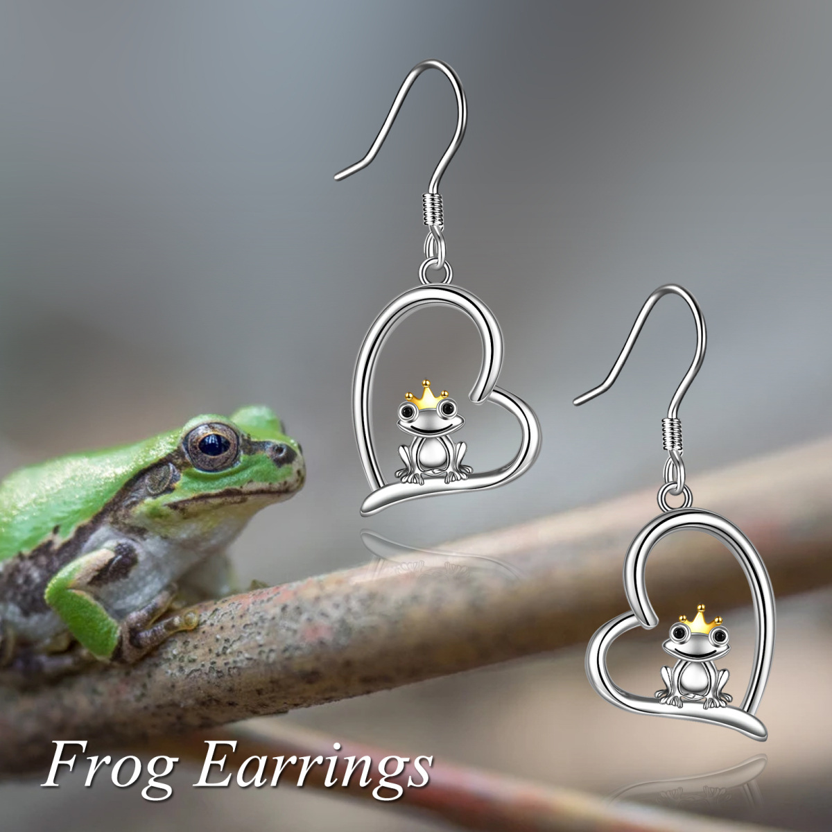 Sterling Silver Two-tone Frog & Heart Drop Earrings-6