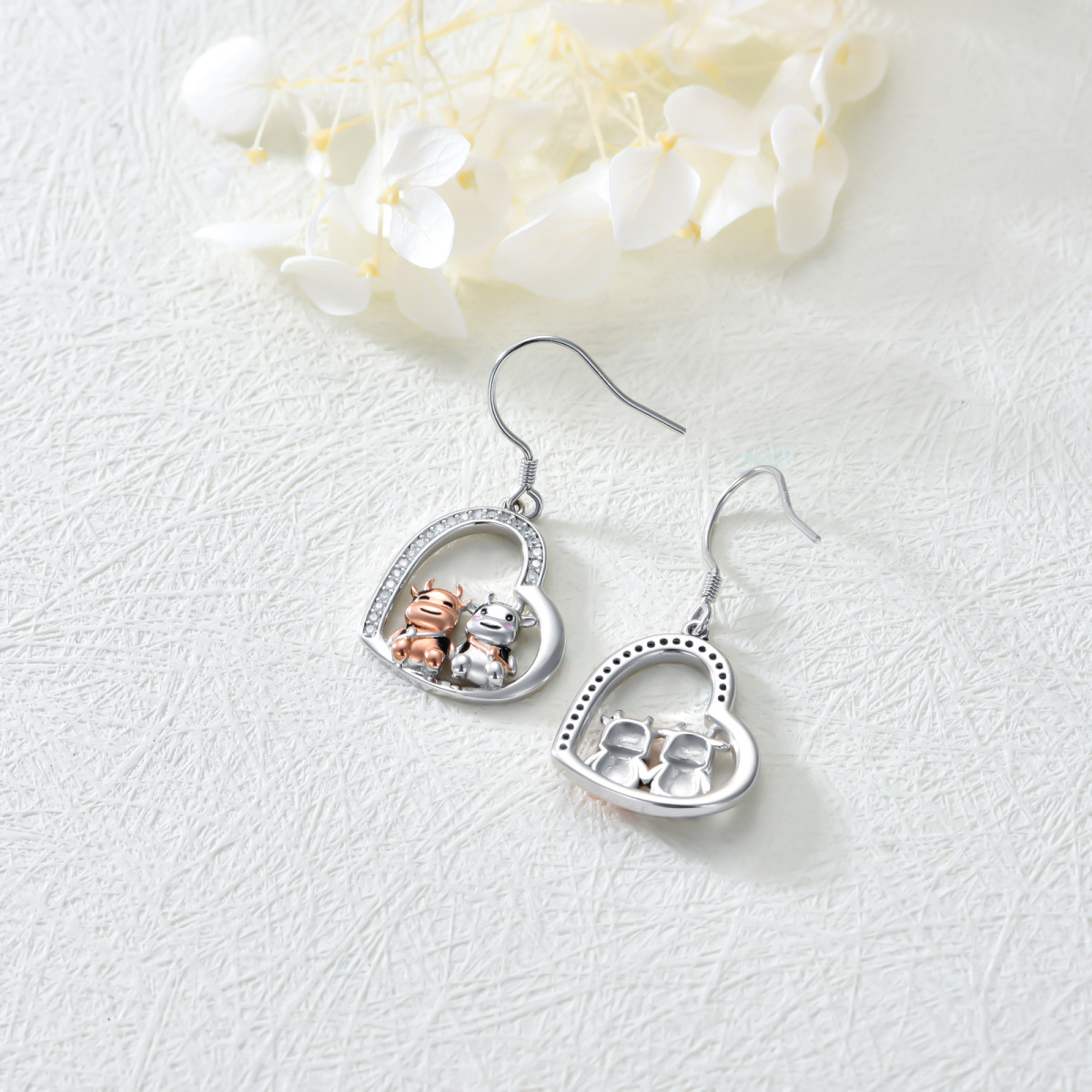 Sterling Silver Two-tone Circular Shaped Cubic Zirconia Cow & Heart Drop Earrings-4