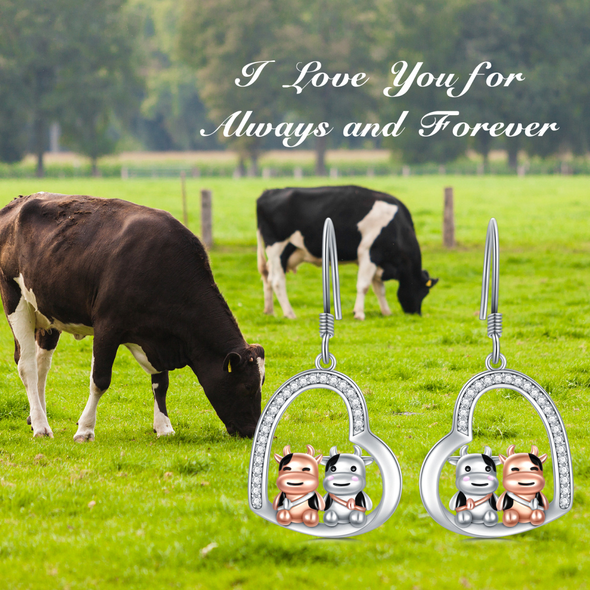 Sterling Silver Two-tone Circular Shaped Cubic Zirconia Cow & Heart Drop Earrings-5