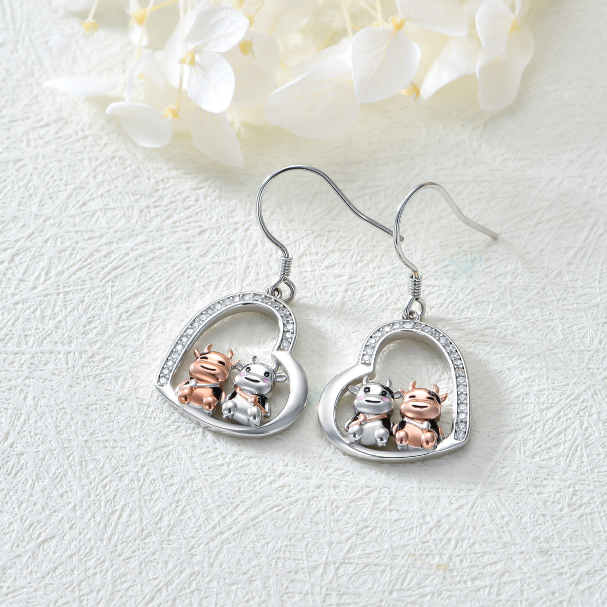 Sterling Silver Two-tone Circular Shaped Cubic Zirconia Cow & Heart Drop Earrings-3