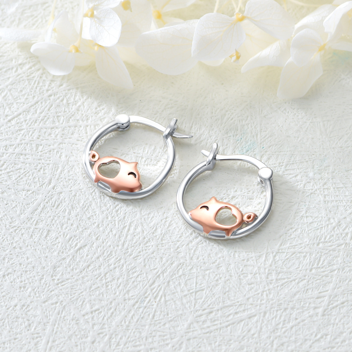 Sterling Silver Two-tone Pig Hoop Earrings-3