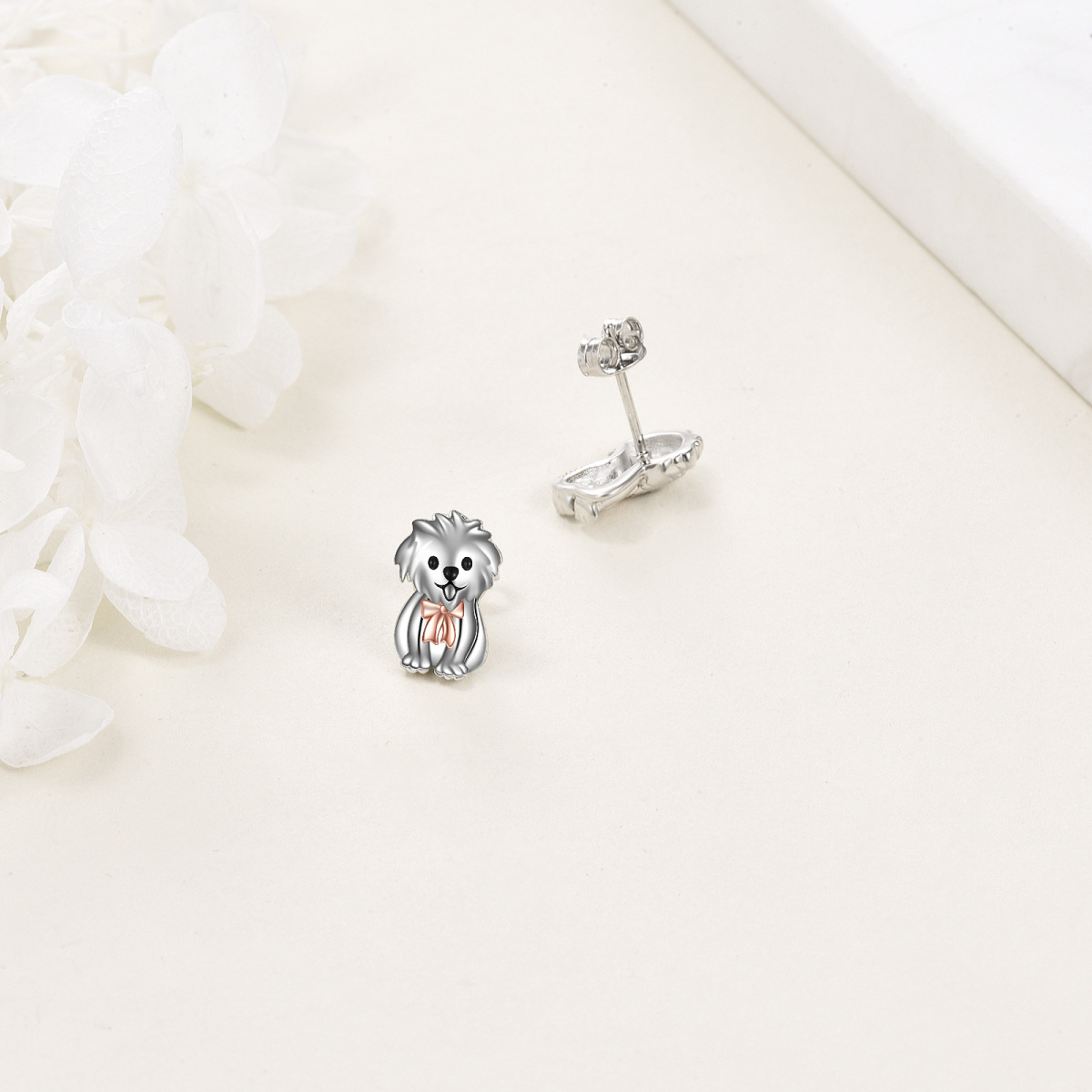 Sterling Silver Two-tone Dog Stud Earrings-3