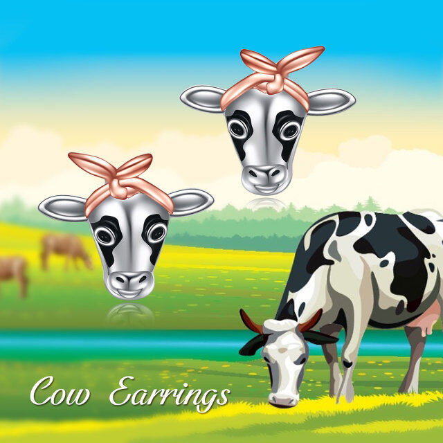 Sterling Silver Two-tone Cow & Bowknot Stud Earrings-5