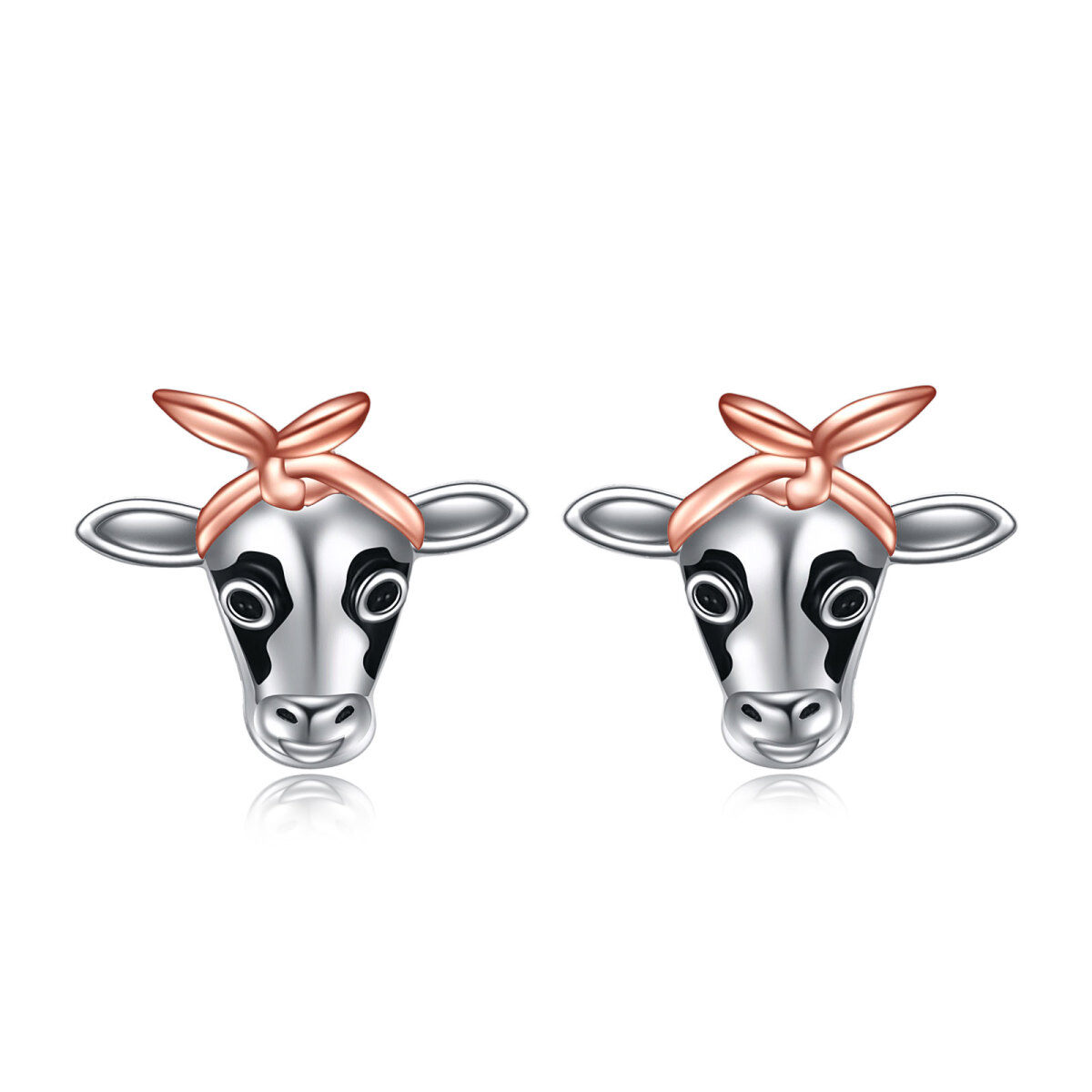 Sterling Silver Two-tone Cow & Bowknot Stud Earrings-1