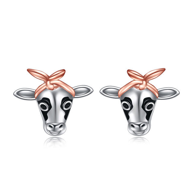 Sterling Silver Two-tone Cow & Bowknot Stud Earrings-0
