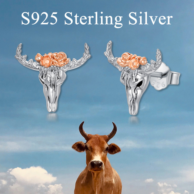 Sterling Silver Two-tone Highland Cow Head Flower Stud Earrings-6