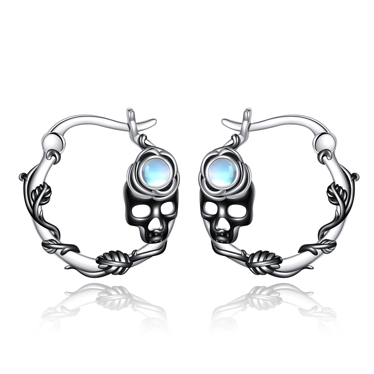 Sterling Silver Two-tone Moonstone Skull Hoop Earrings-1