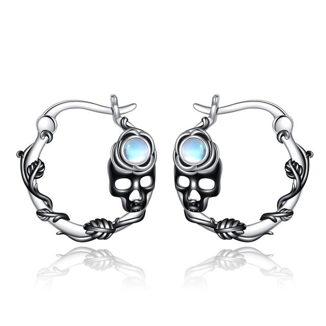 Sterling Silver Two-tone Moonstone Skull Hoop Earrings-0