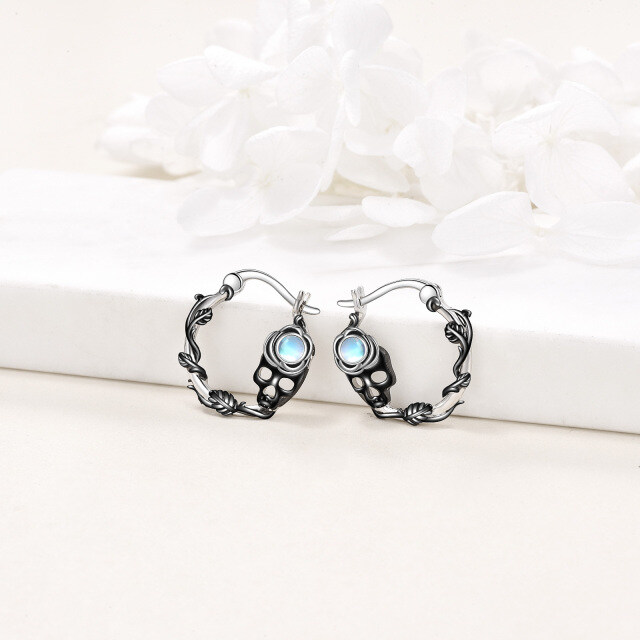 Sterling Silver Two-tone Moonstone Skull Hoop Earrings-3