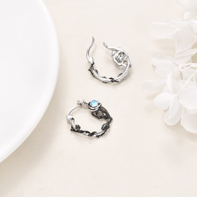 Sterling Silver Two-tone Moonstone Skull Hoop Earrings-2