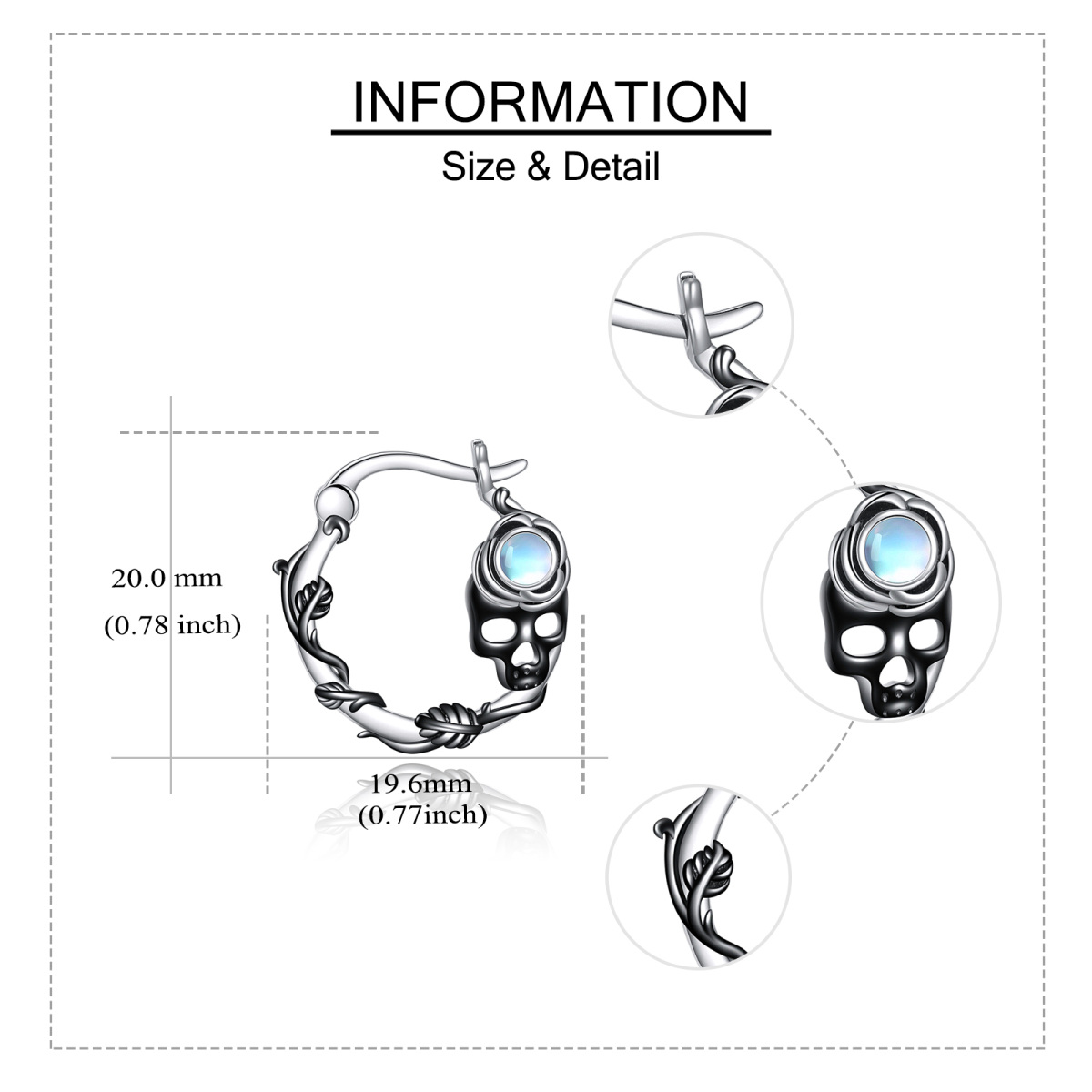 Sterling Silver Two-tone Moonstone Skull Hoop Earrings-6