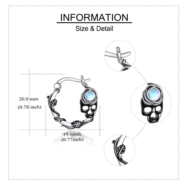 Sterling Silver Two-tone Moonstone Skull Hoop Earrings-5