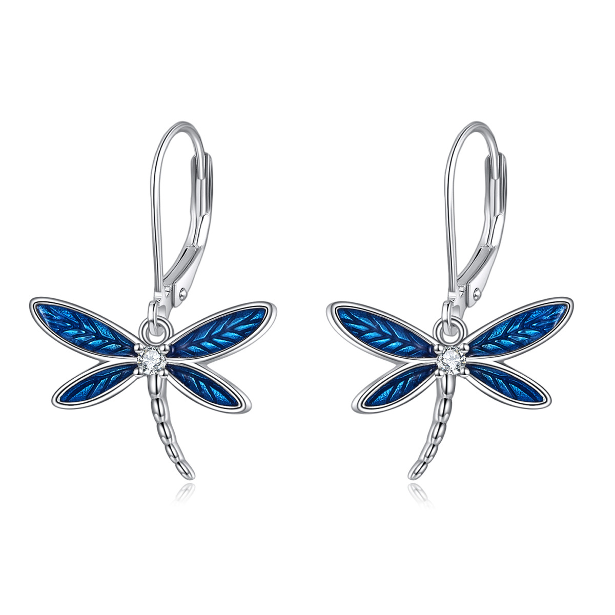 Sterling Silver Cubic Zirconia Dragonfly Lever-back Earrings-1