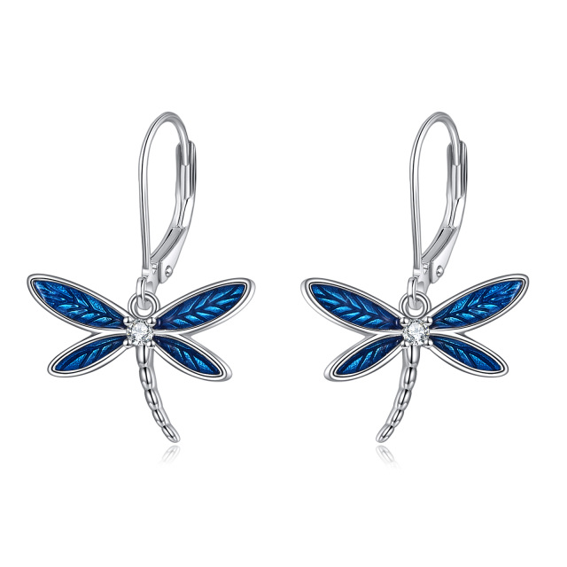 Sterling Silver Cubic Zirconia Dragonfly Lever-back Earrings-1