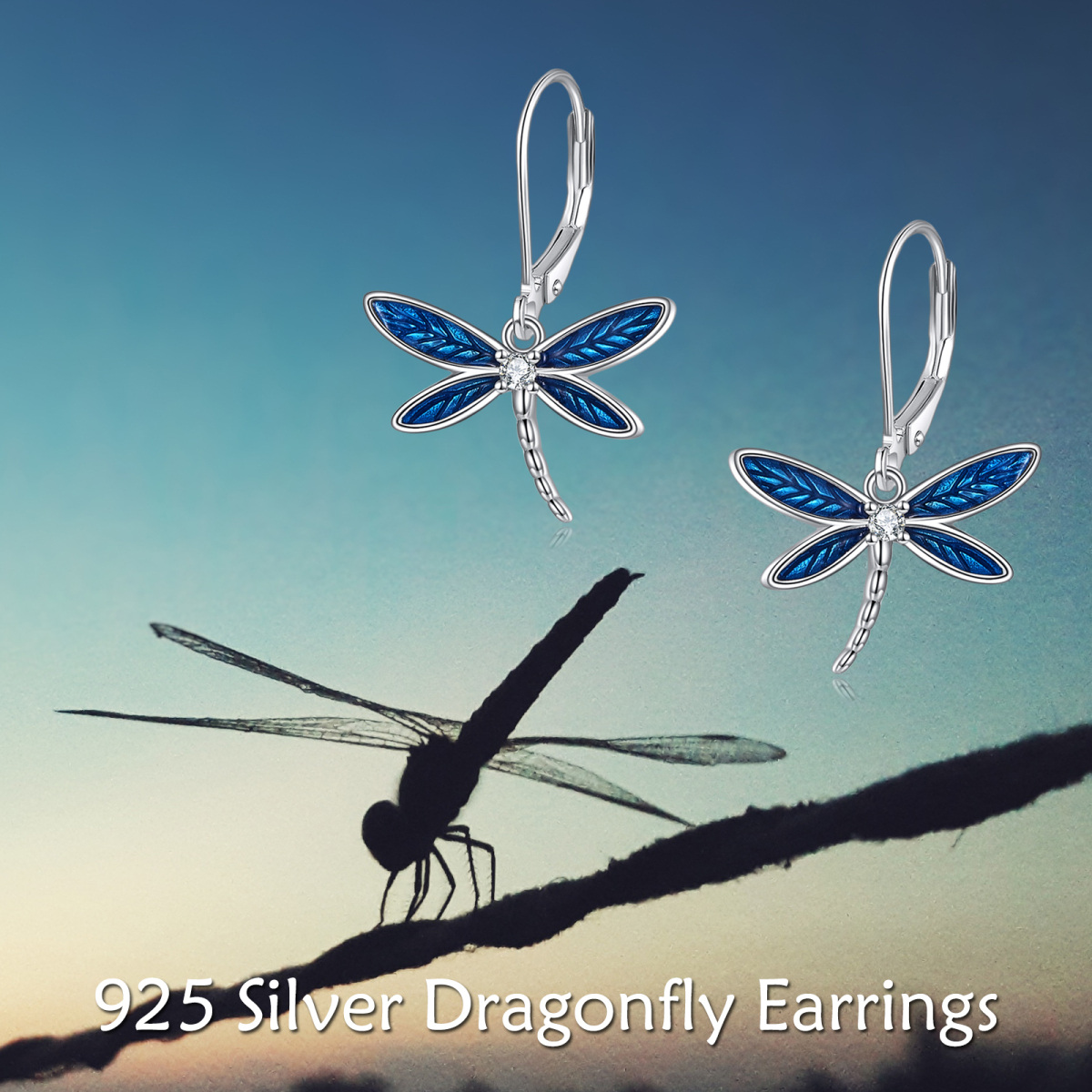 Sterling Silver Cubic Zirconia Dragonfly Lever-back Earrings-6