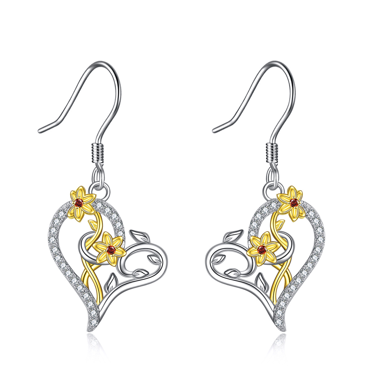Sterling Silver Two-tone Circular Shaped Cubic Zirconia Daffodil Drop Earrings-1
