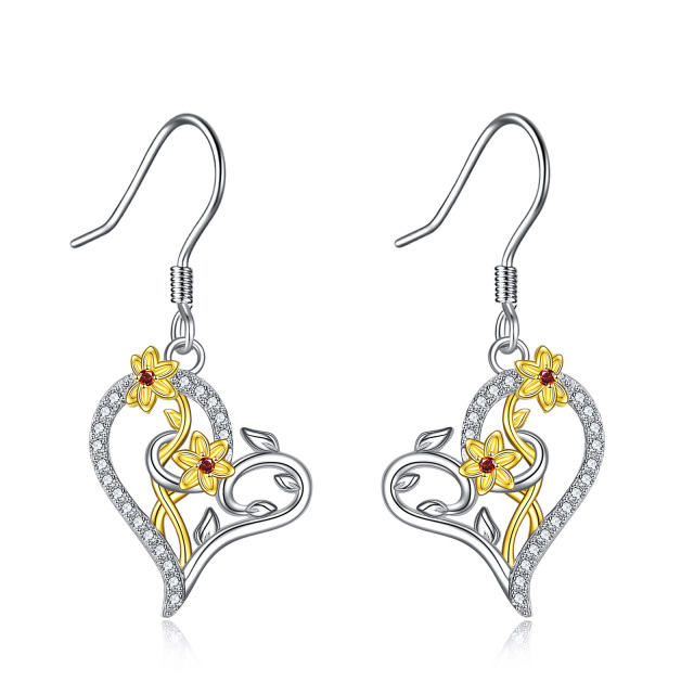 Sterling Silver Two-tone Circular Shaped Cubic Zirconia Daffodil Drop Earrings-0