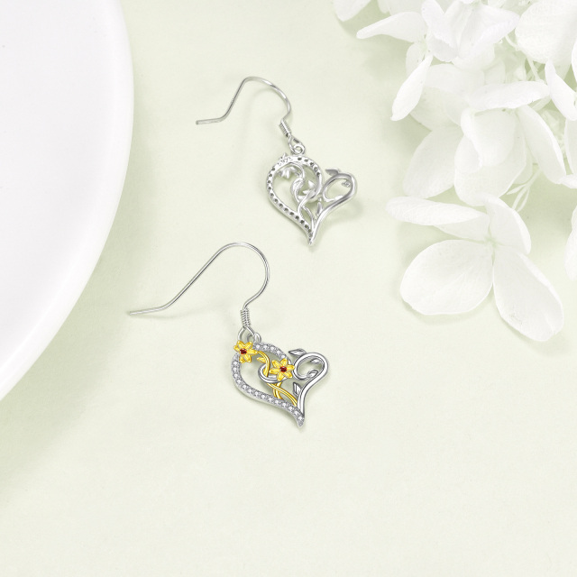 Sterling Silver Two-tone Circular Shaped Cubic Zirconia Daffodil Drop Earrings-4