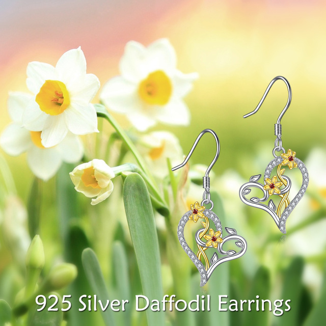 Sterling Silver Two-tone Circular Shaped Cubic Zirconia Daffodil Drop Earrings-2