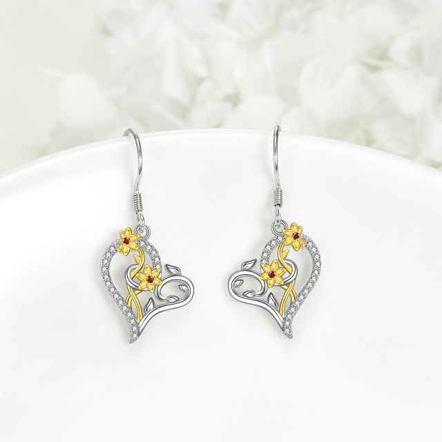 Sterling Silver Two-tone Circular Shaped Cubic Zirconia Daffodil Drop Earrings-3