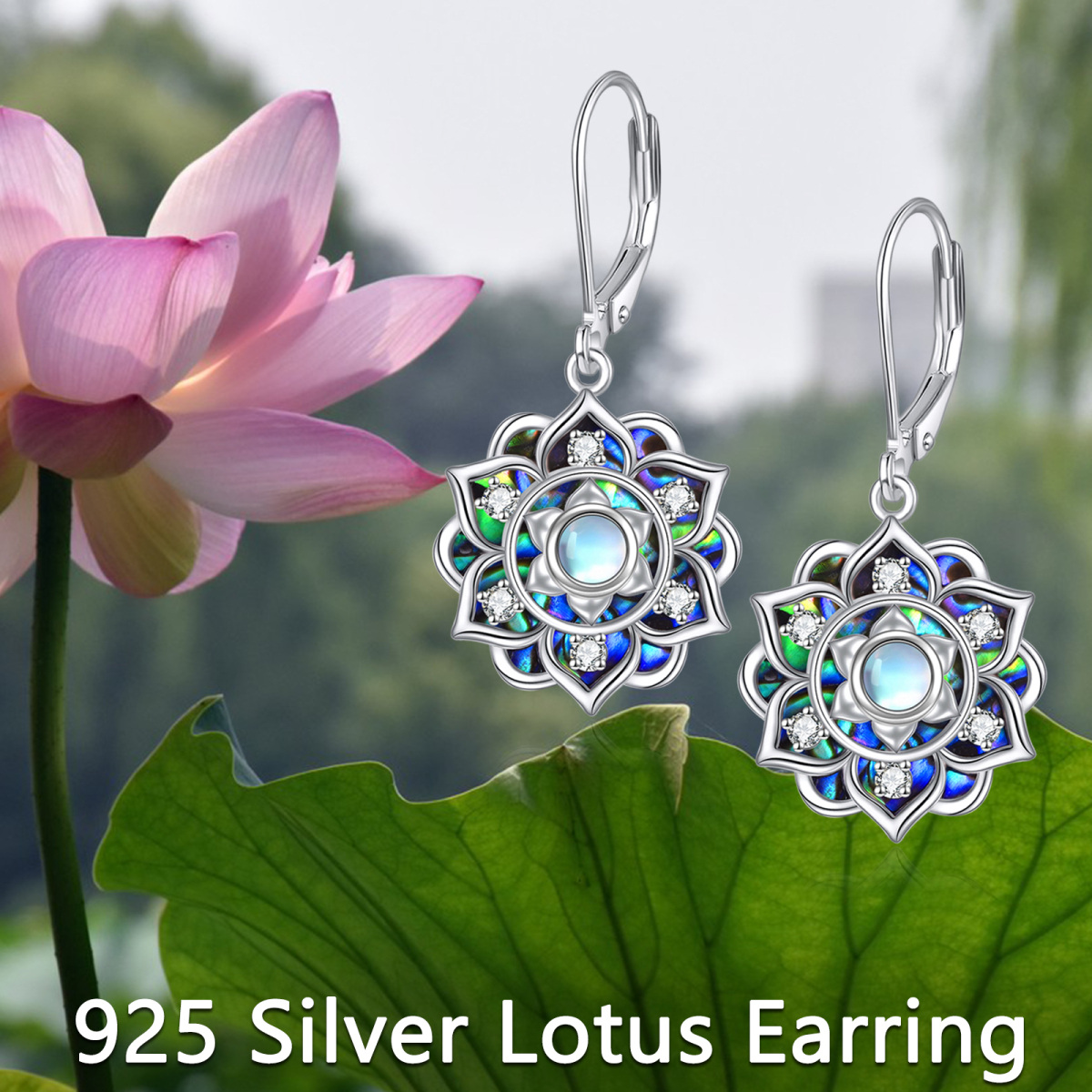 Sterling Silver Abalone Shellfish & Moonstone Lotus Lever-back Earrings-6