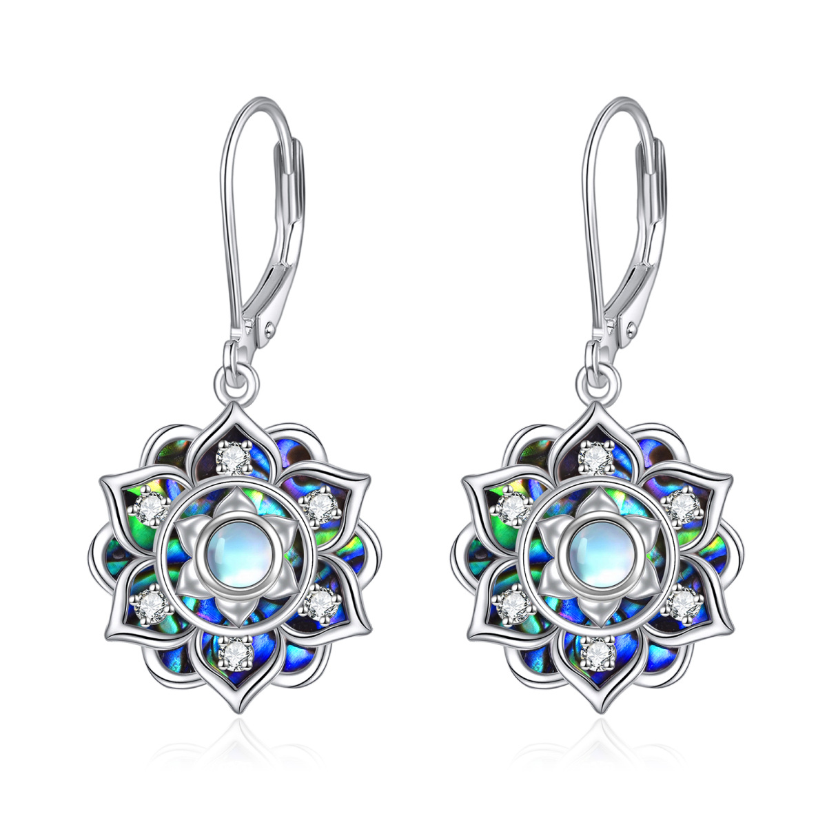 Sterling Silver Abalone Shellfish & Moonstone Lotus Lever-back Earrings-1