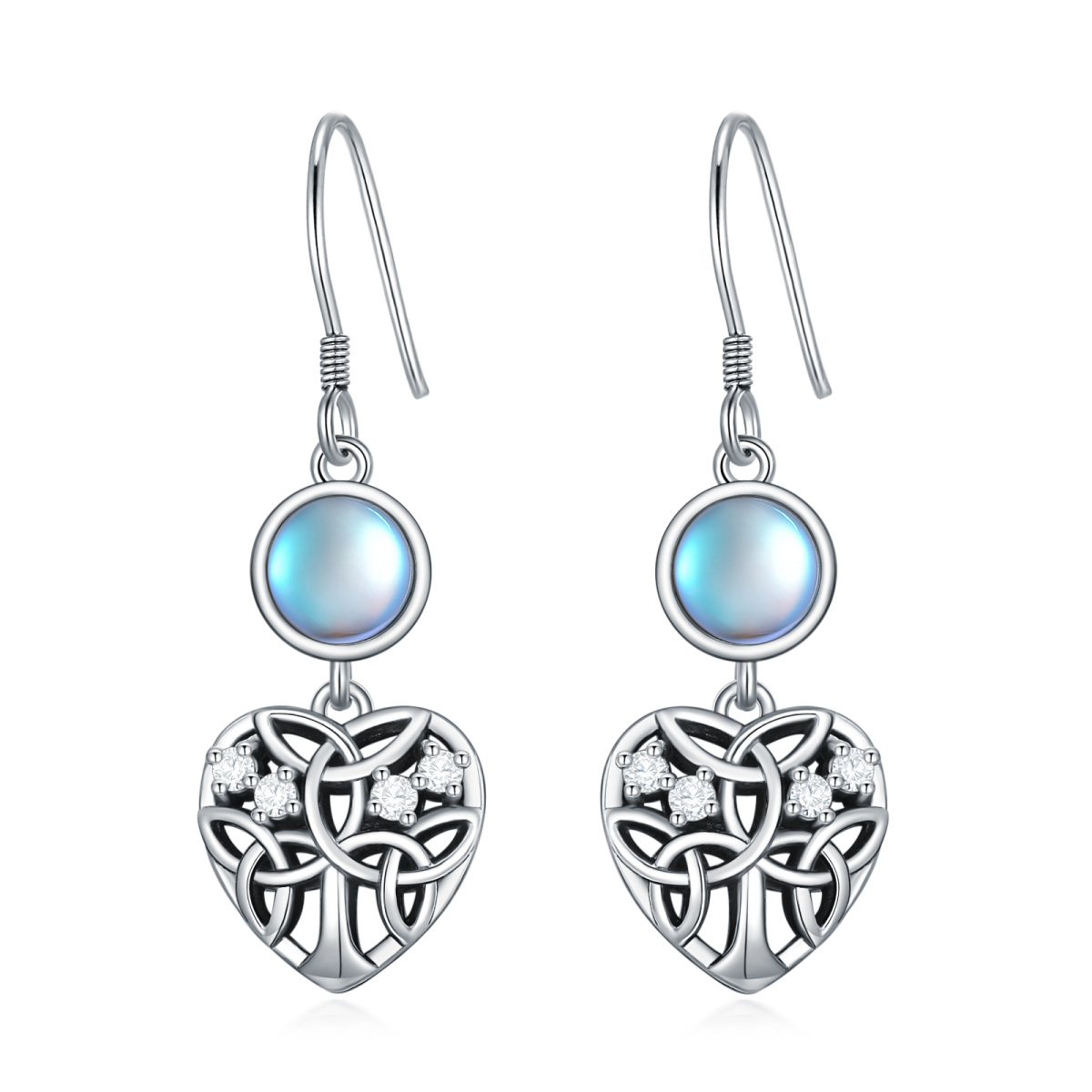 Sterling Silver Circular Shaped Cubic Zirconia & Moonstone Tree Of Life & Heart Drop Earrings-1