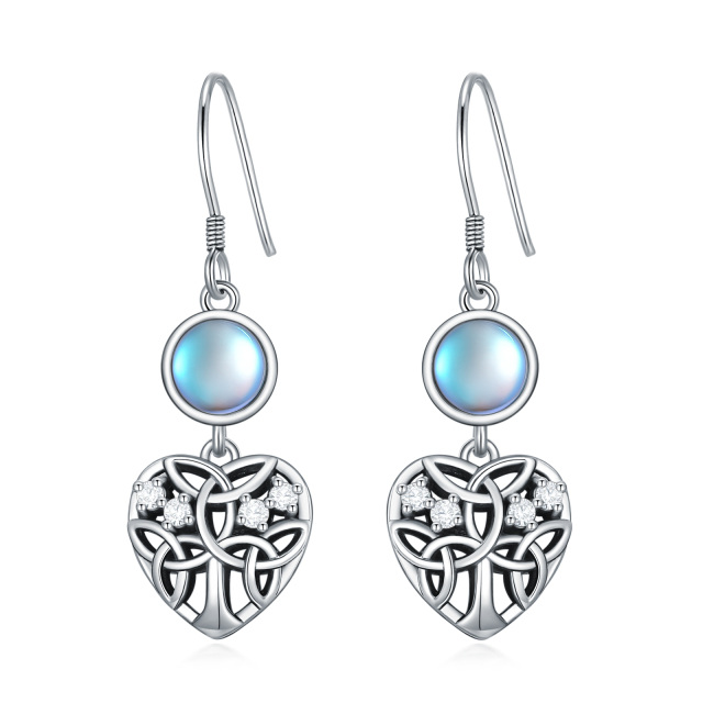Sterling Silver Circular Shaped Cubic Zirconia & Moonstone Tree Of Life & Heart Drop Earrings-0
