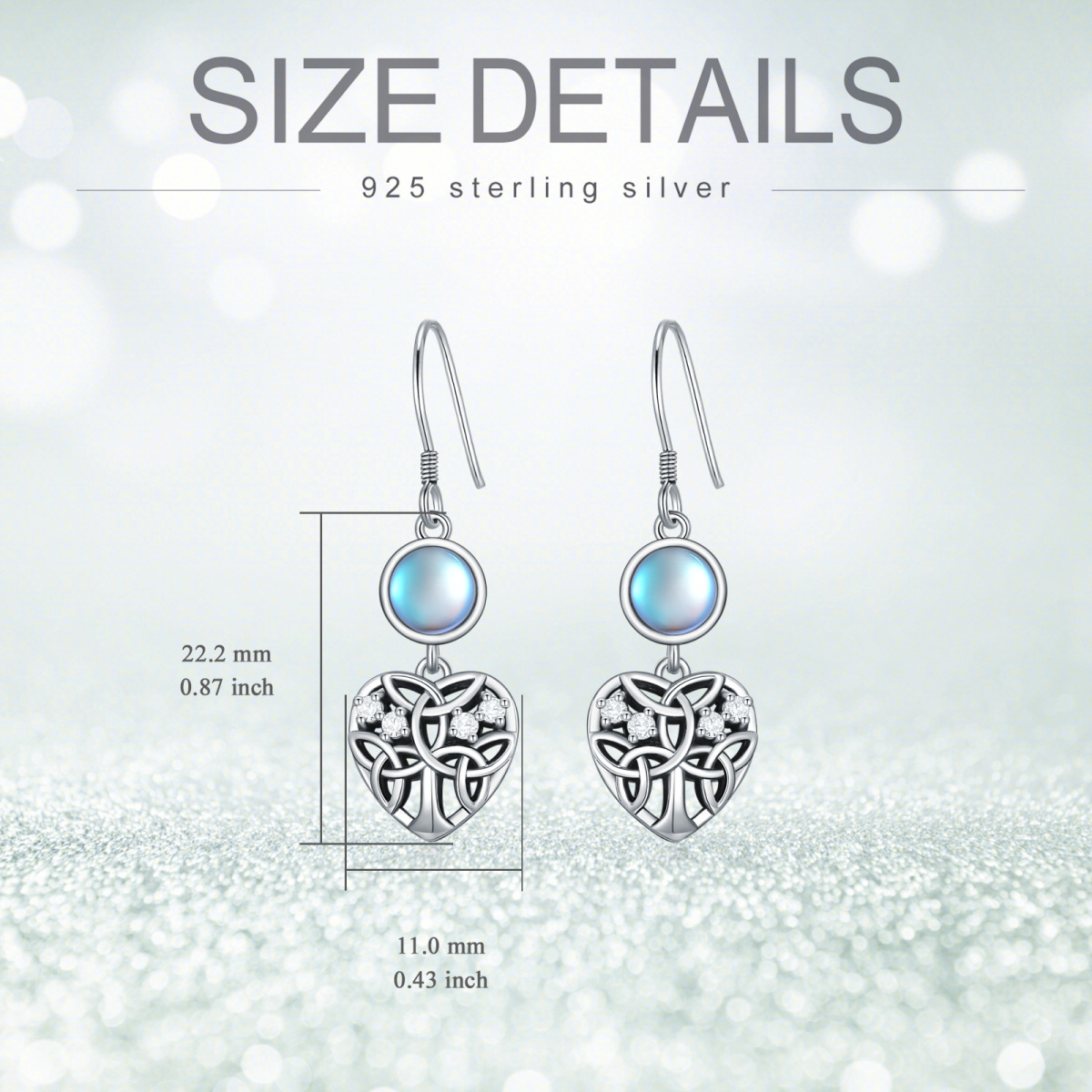 Sterling Silver Circular Shaped Cubic Zirconia & Moonstone Tree Of Life & Heart Drop Earrings-6