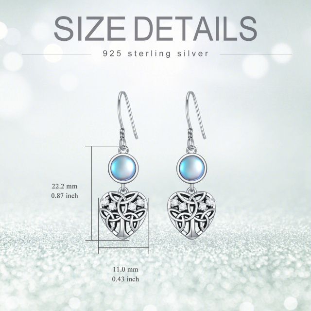 Sterling Silver Circular Shaped Cubic Zirconia & Moonstone Tree Of Life & Heart Drop Earrings-5