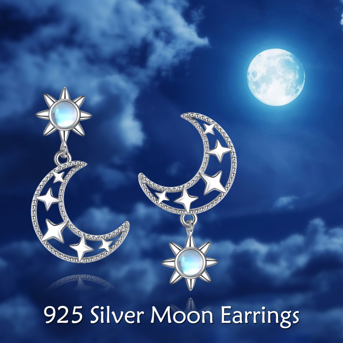 Sterling Silver Circular Shaped Moonstone Moon Drop Earrings-6