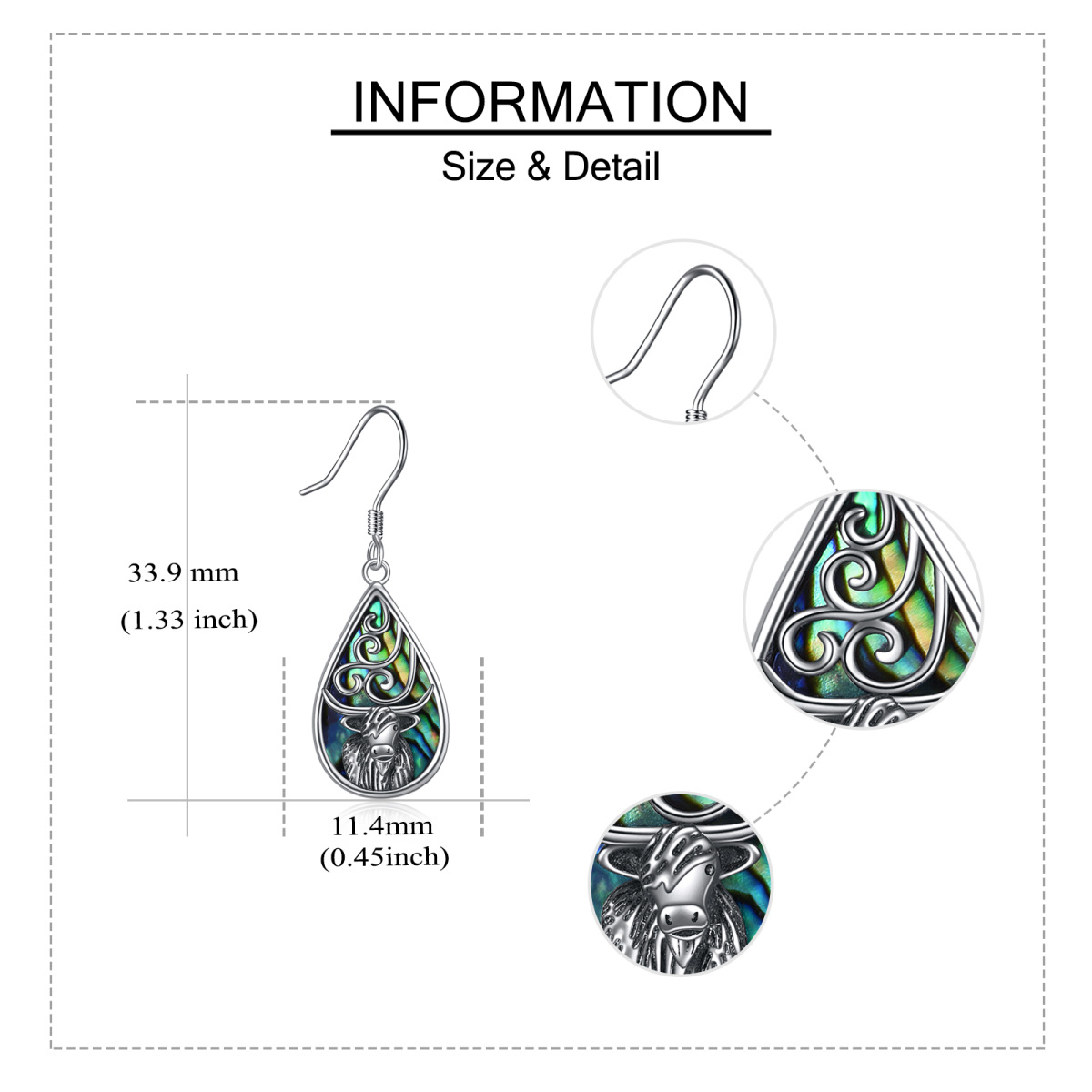 Sterling Silver Abalone Shellfish Highland Cow & Drop Shape Drop Earrings-5