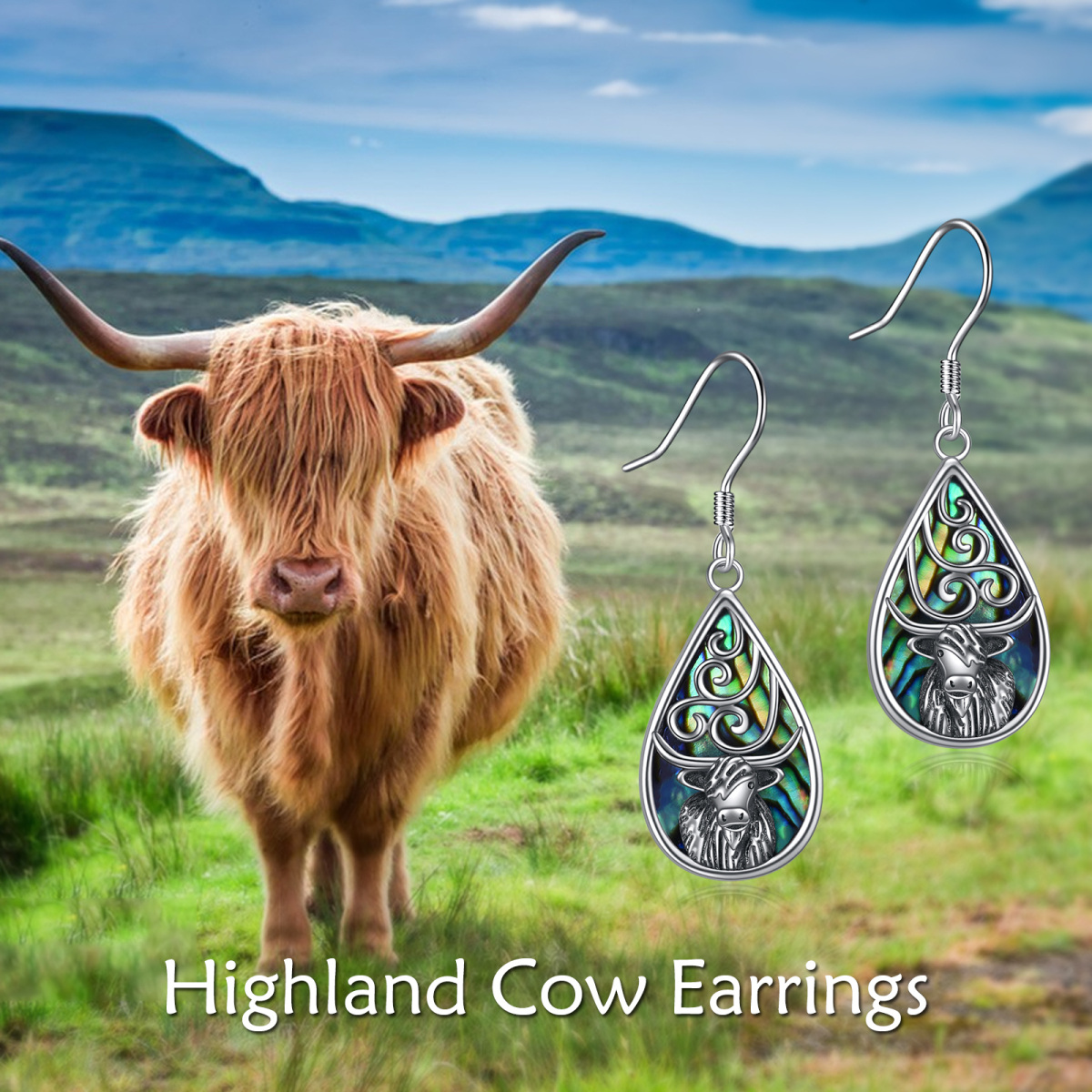 Sterling Silver Abalone Shellfish Highland Cow & Drop Shape Drop Earrings-6