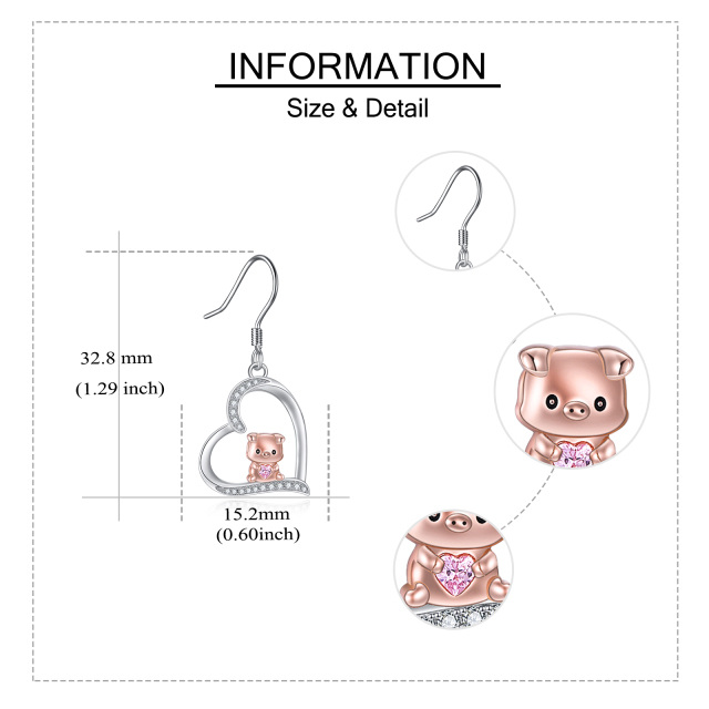 Sterling Silver Two-tone Circular Shaped & Heart Shaped Cubic Zirconia Pig & Heart Drop Earrings-5