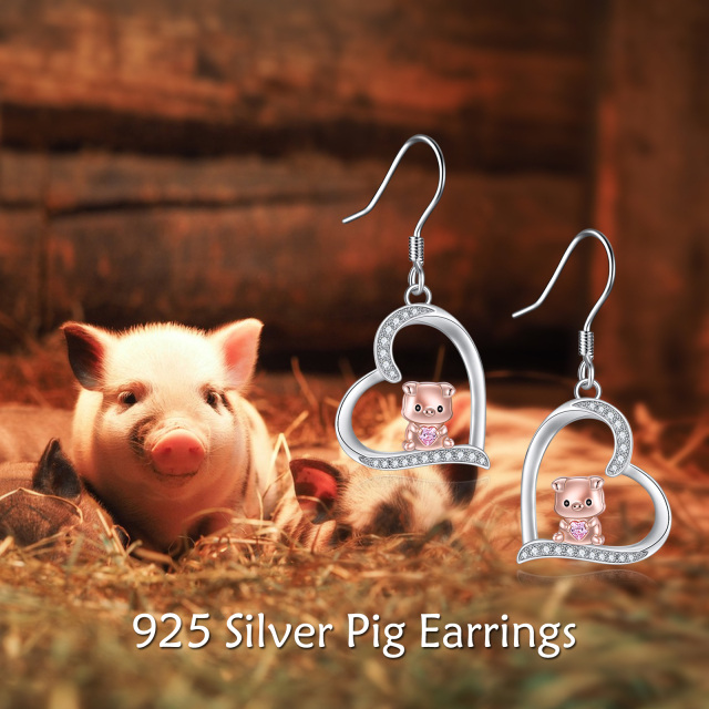 Sterling Silver Two-tone Circular Shaped & Heart Shaped Cubic Zirconia Pig & Heart Drop Earrings-5