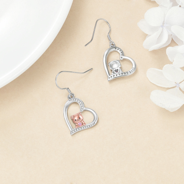 Sterling Silver Two-tone Circular Shaped & Heart Shaped Cubic Zirconia Pig & Heart Drop Earrings-3