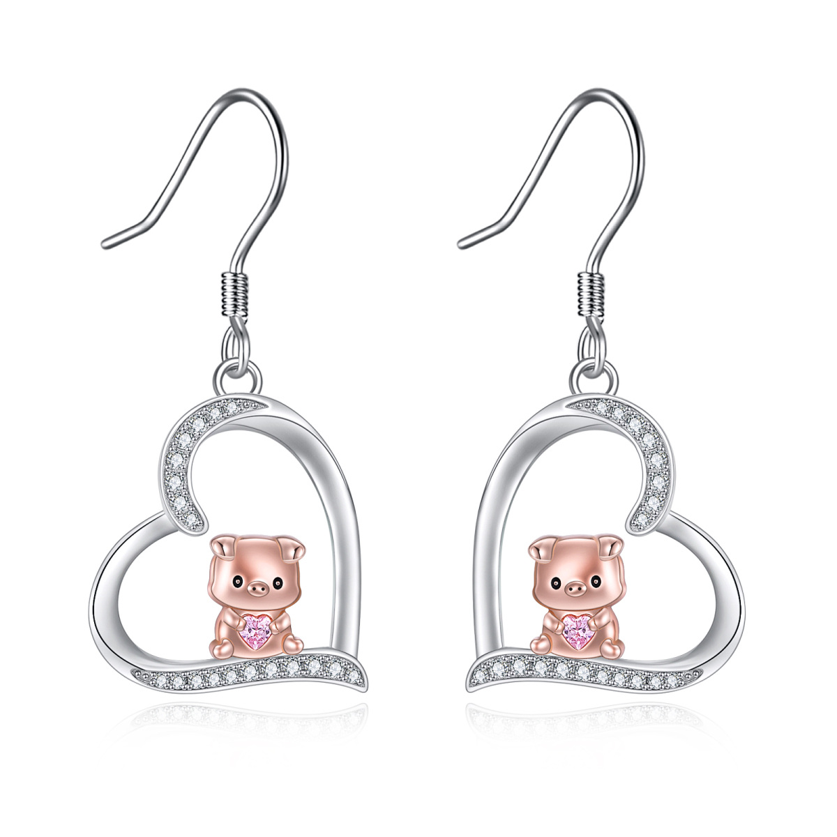 Sterling Silver Two-tone Circular Shaped & Heart Shaped Cubic Zirconia Pig & Heart Drop Earrings-1