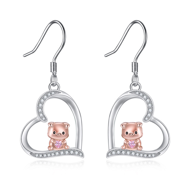 Sterling Silver Two-tone Circular Shaped & Heart Shaped Cubic Zirconia Pig & Heart Drop Earrings-0