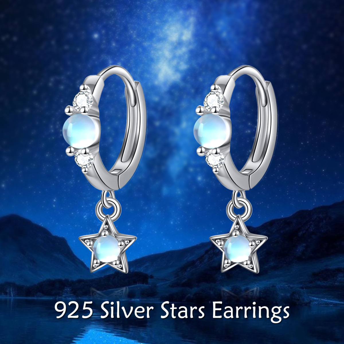 Sterling Silver Circular Shaped Moonstone Star Drop Earrings-6